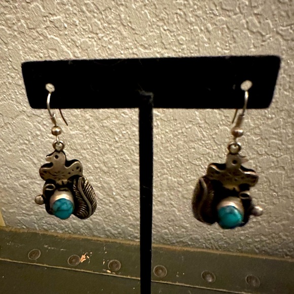 Vintage Native American-Navajo Turquoise & Sterling Silver Peyote Bird Earrings - Picture 2 of 5